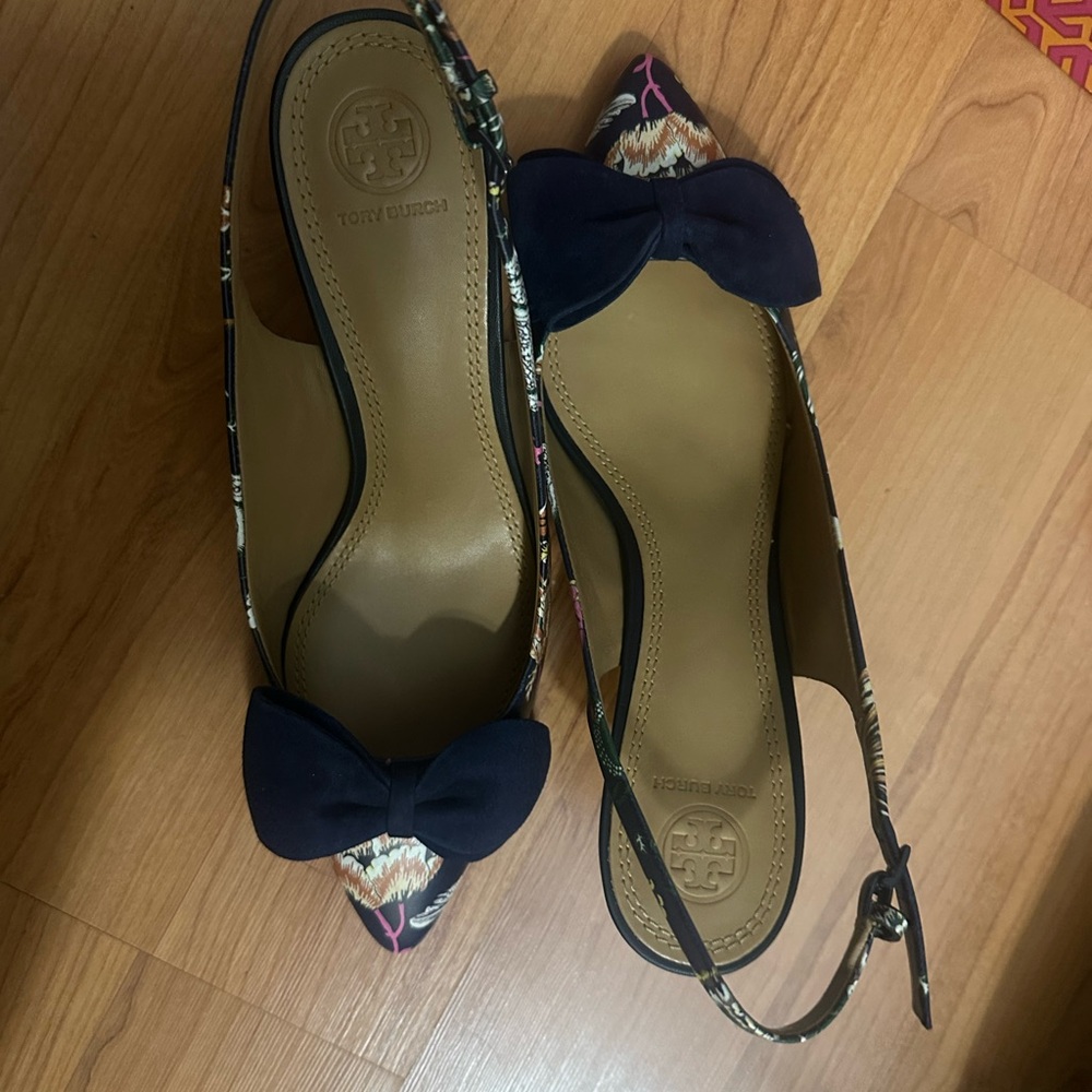 Tory Burch Black Floral Heels with Bow